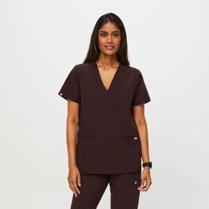 Figs Women's Brown Casma Pocket V-Neck Casual Pullover Scrub Top Size L